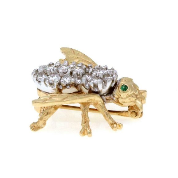 Vintage 1.00ct Diamond Emerald 14k Gold Bee Brooch - Picture 2 of 4